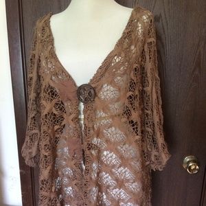 Lace Brown Cardigan with Wooden Accent Plus Size